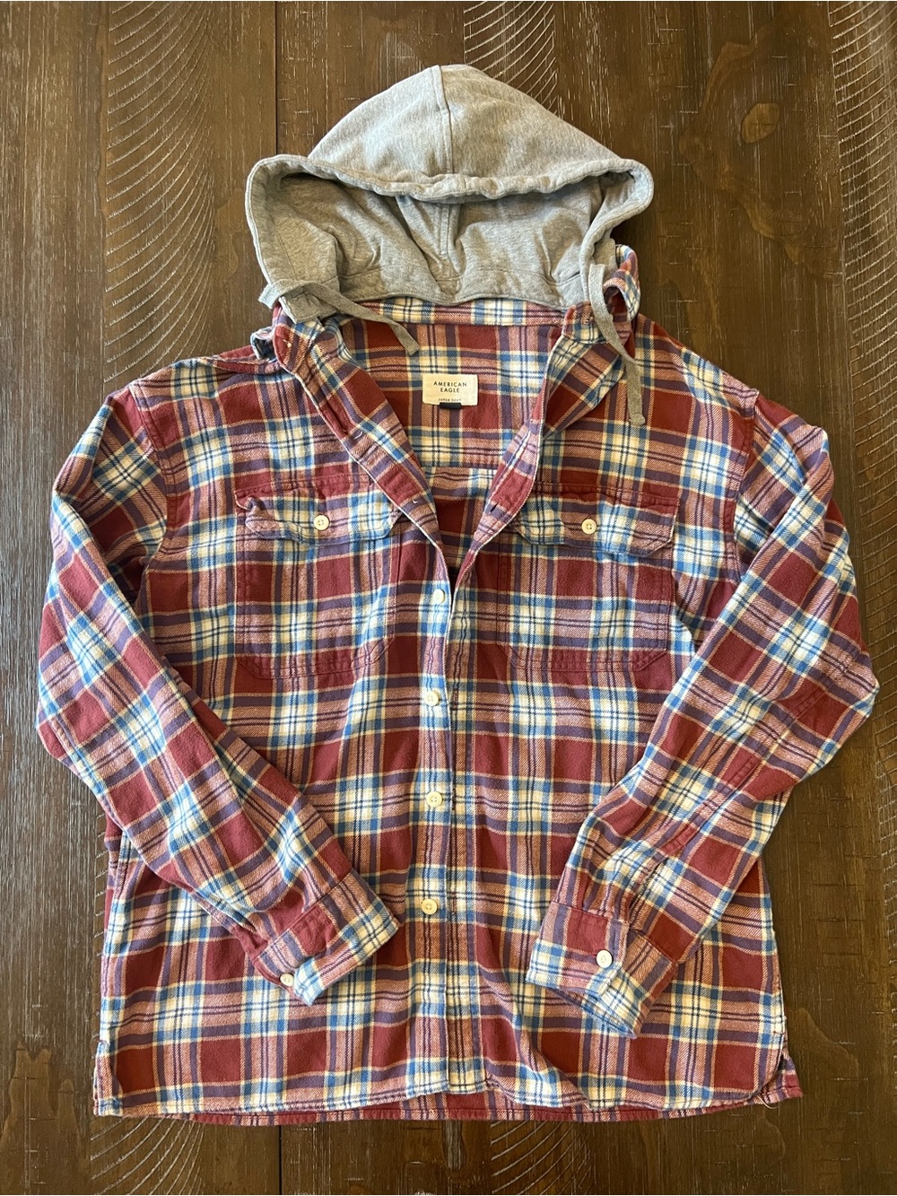 American Eagle Men’s M Super Soft Plaid Flannel Shirt Removable Hood 100% Cotton